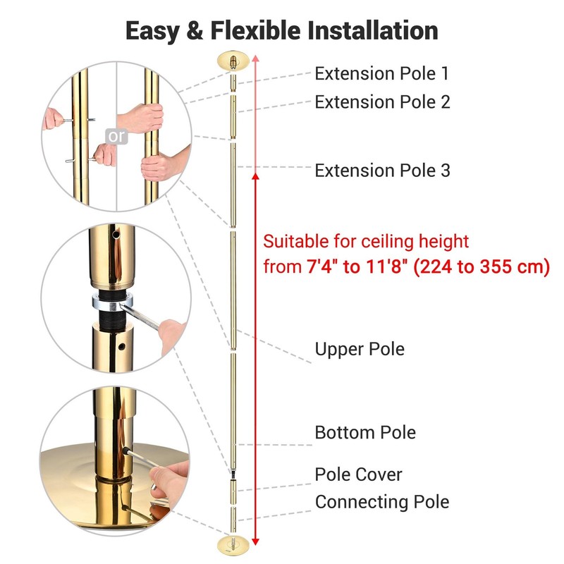 Xcceries 10 FT Spinning Static Dancing Pole Kit w/ Extensions Fitness Dance Gold gallery