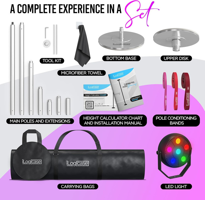 Portable 45mm Adjustable Dance Pole with LED Light and Conditioning Bands gallery