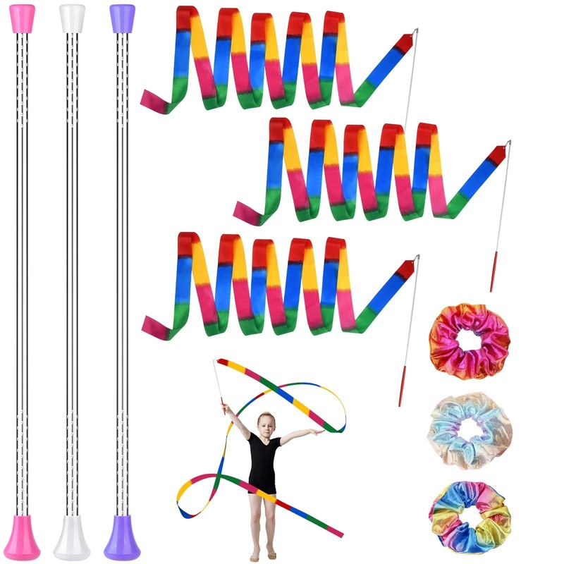 3 Pcs Twirling Batons 3 Pcs Ribbon Dancer Wands and 3 Pcs Rainbow Scrunchies …