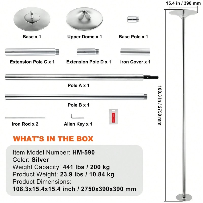 45mm Spinning Static Dance Pole Kit Adjustable Height Silver for Home Fitness gallery