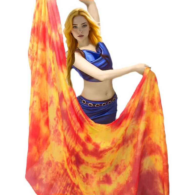 Women Real Silk Belly Dance Veil Hand Scarf Fire Flame Colors 98x45 Inch