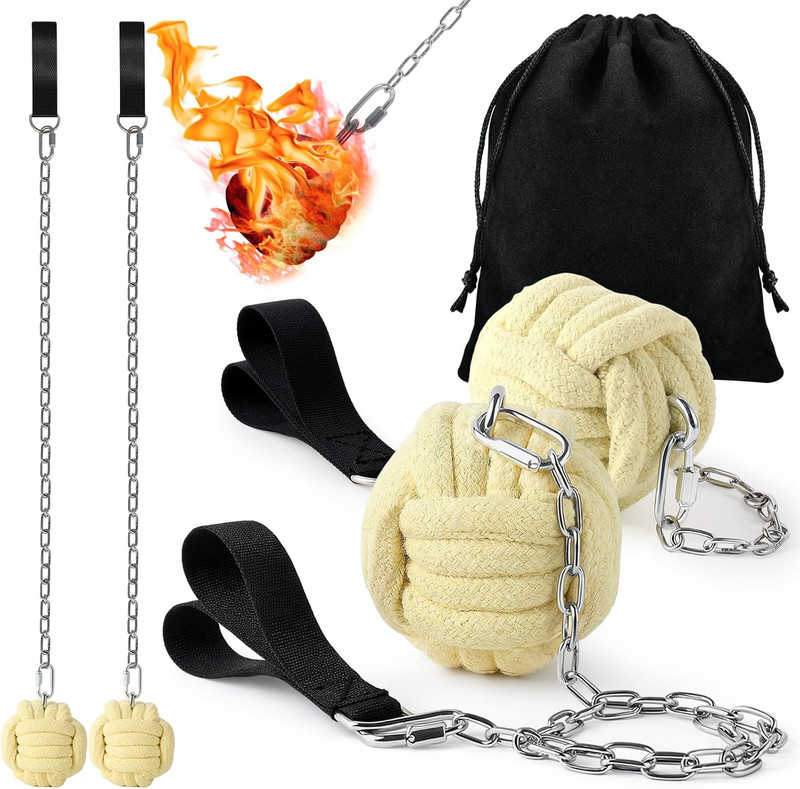 2 Pack Fire Poi Set for Dancing 24" Stainless Steel Chain with 3" Woven Aramid F gallery