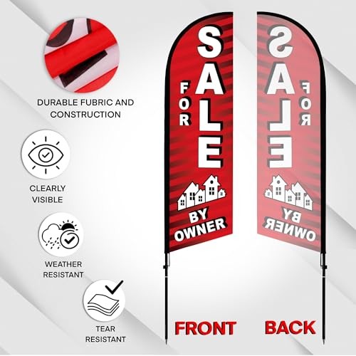 For Sale by Owner Flag, 8 ft Feather Flag Pole Kit, Outdoor Advertising Red gallery