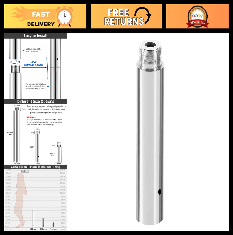 Dance Pole Extension 45mm Stainless Steel Tube 5"/10"/20" Adjustable Height Acce