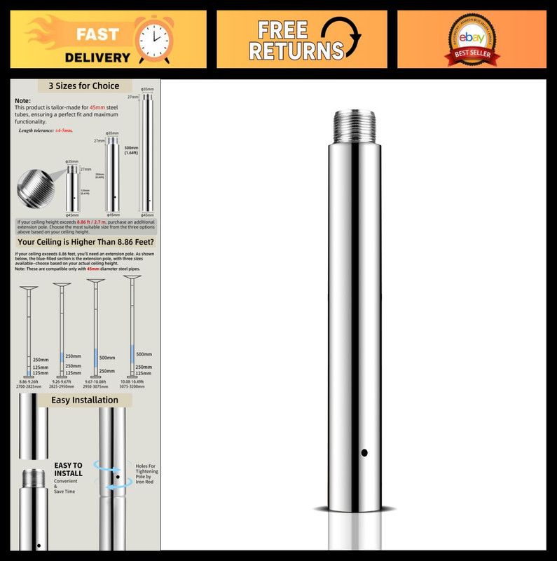 Pole Dancing Extension 45mm - 125/250/500mm Chrome Easy Install Dance Pole Add-O